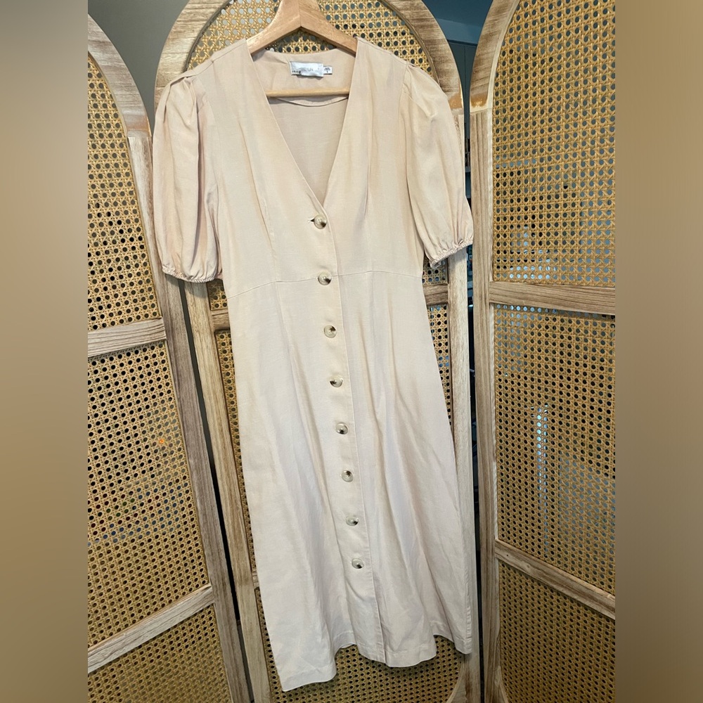 Greylin Britt Button Up Midi Dress Linen Neutral Puff Sleeve Small Anthropologie